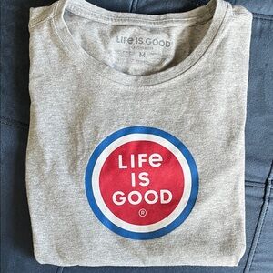 Life Is Good Heather Gray Tee with Red and Blue Emblem